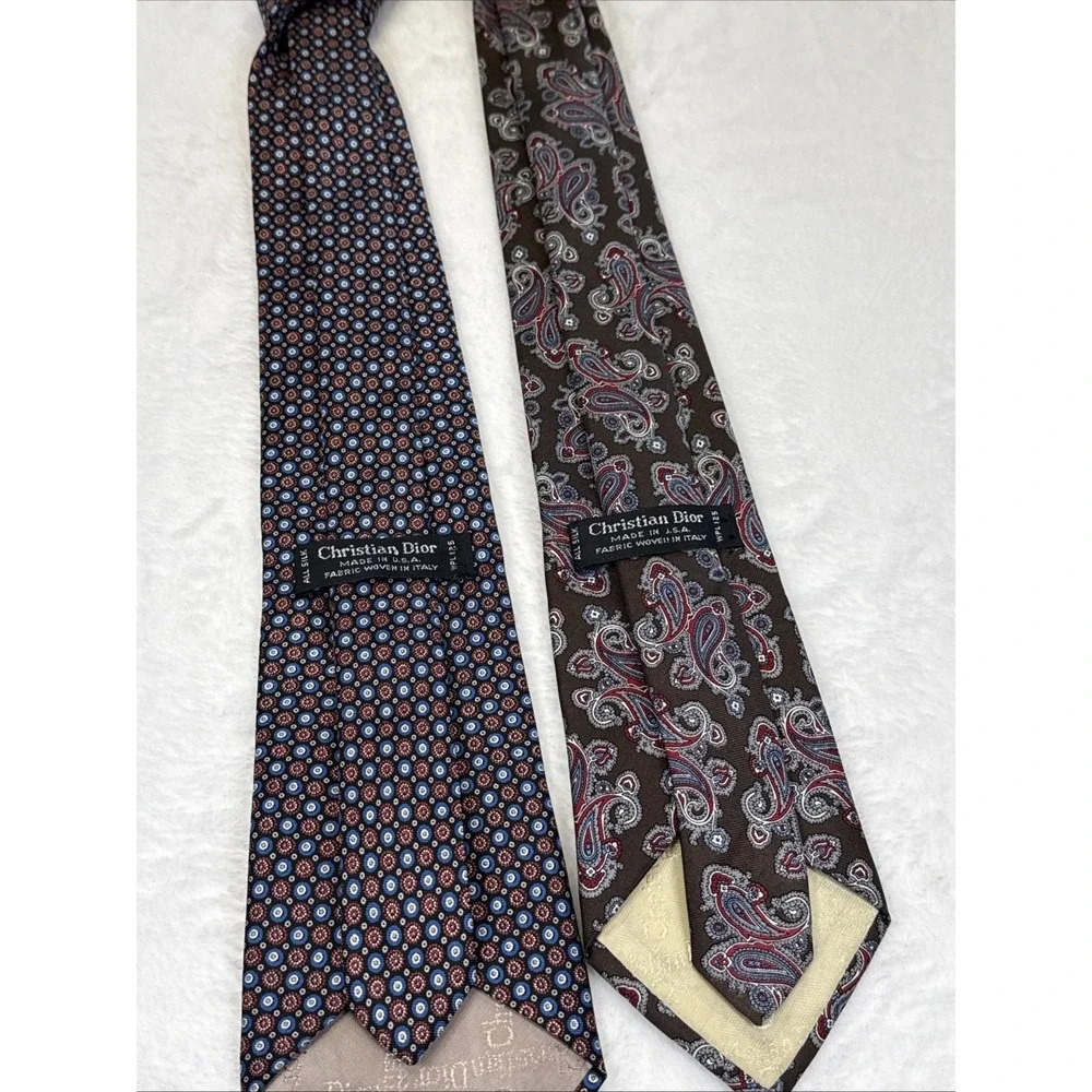 Christian Dior Silk Tie Lot 2 Paisley Geometric Italy Fabric Classic Designer